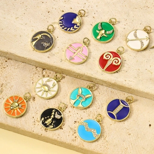 Colorful 12 Zodiac enamel pendants in gold-plated brass with micro-set zircons on stone steps