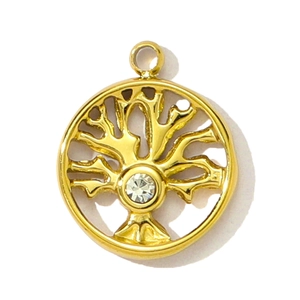 Pendentif arbre de vie doré avec incrustation de cristal et cadre rond évidé
