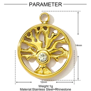 Détail du pendentif Arbre de Vie doré en acier inoxydable avec cristal de 12x14mm