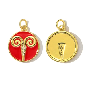 Front and back macro view of Aries zodiac gold pendant with red enamel and zircon stones