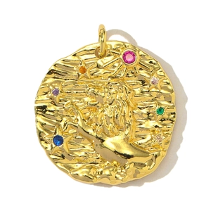 Detailed close-up of a golden Leo zodiac pendant with colorful zircon stones and lion relief