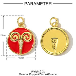 Golden Aries zodiac charm with red enamel and zircon accents for DIY jewelry making