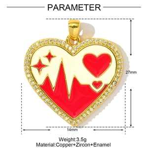 Detail of copper heart pendant with zircon inlay and red enamel heartbeat pattern