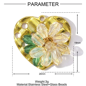 Detail view of heart-shaped stainless steel pendant with glass beads and dimensions