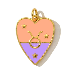 Detail of a Taurus heart pendant with pink and purple enamel and gold-plated star charms