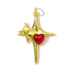 Gold double star heart pendant with red enamel inlay and polished finish for necklaces