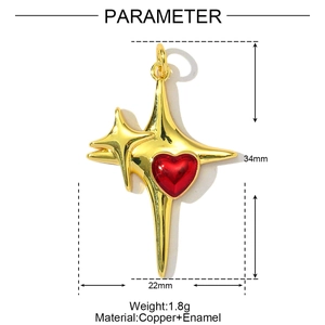 Detail of 34mm gold star pendant featuring red heart enamel and size measurements