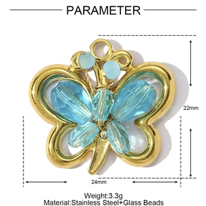 Technical view of a blue crystal butterfly pendant with 24mm by 22mm dimensions