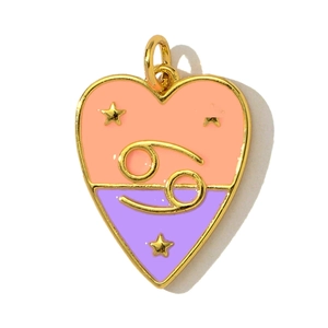 Detail view of heart-shaped Cancer zodiac pendant with pink and purple enamel and gold finish