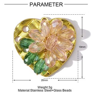 Detailed view of heart-shaped stainless steel pendant with pink crystal flower beads