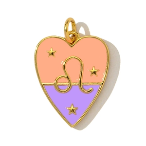 Detailed close-up of a heart-shaped Leo zodiac pendant with pink and purple enamel