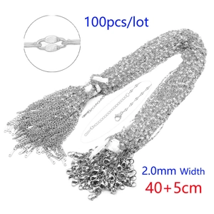 Bulk set of 100 stainless steel 2.0mm link chains with lobster clasp and extension