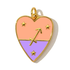 Detailed view of gold plated heart Sagittarius pendant with enamel finish and star details