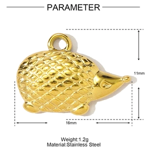 Pendentif hérisson doré en acier inoxydable avec motif gravé et mesures de taille