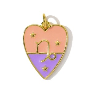 Detailed view of gold Capricorn heart pendant with pink and purple enamel finish