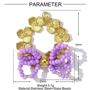 Detail of purple glass bead bow pendant with golden flower and size measurements