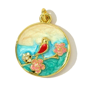 Collier avec pendentif rond artistique d'oiseau fleuri, émail coloré et détails en cristal