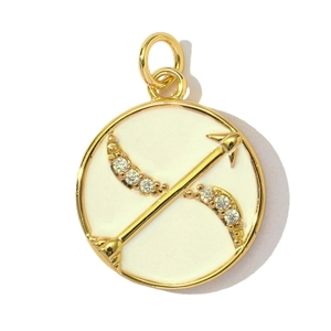 Detailed macro view of golden Sagittarius zodiac pendant with white enamel and zircons