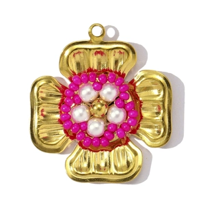 Pendentif fleur fait main en acier inoxydable doré avec perles de cristal pour bijoux