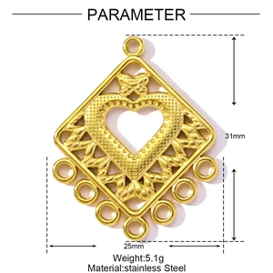 Golden stainless steel fan-shaped heart pendant connector with multi-hole design for DIY