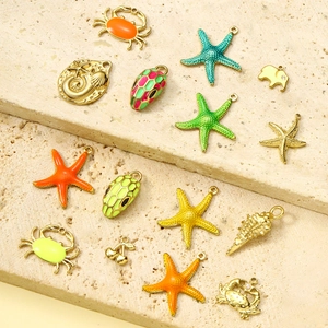 Detailweergave van kleurrijke emaille zeester en krab roestvrijstalen sieraden hangers