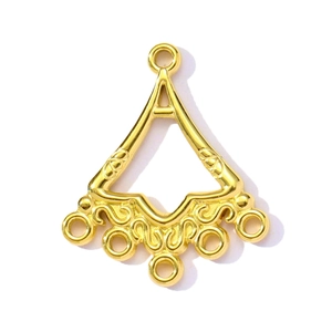 Macro view of gold stainless steel geometric fan pendant with floral hollow engraving