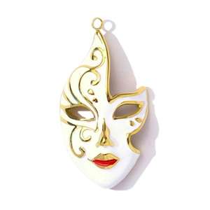 White enamel face mask pendant in titanium steel with gold trim and red lips