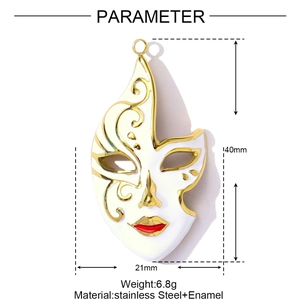 Detailed view of Venetian mask pendant with enamel finish, dimensions 40mm x 21mm