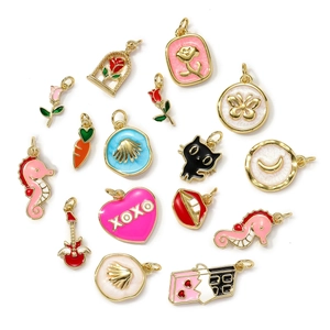 Colorful enamel charms set featuring cat, rose and shell shapes for DIY necklaces