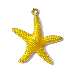 Macro-opname van gele hars zeester hanger met gouden metalen ring voor oceaan kettingen