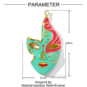 Detail view of 40mm enamel venice mask pendant in stainless steel with dimensions