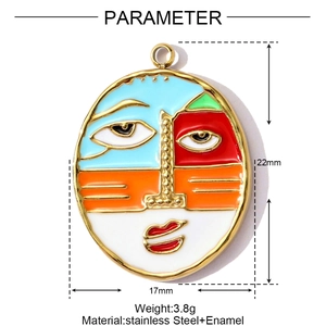 Abstract enamel face pendant detail showing 22mm x 17mm dimensions on stainless steel