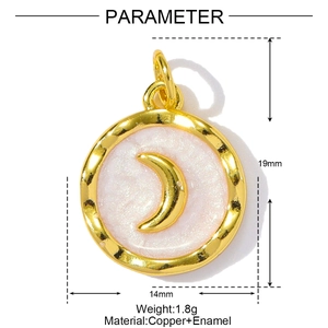 Detail showing dimensions of the gold-plated crescent moon pendant with pink enamel