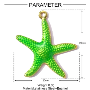 Technische tekening van groene emaille zeester hanger met afmetingen en gewicht