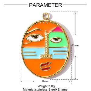 Detailed view of Picasso style enamel face pendant measuring 22mm x 17mm made of steel