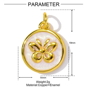 Detailed macro view of 14mm round pink enamel copper butterfly charm pendant for necklace