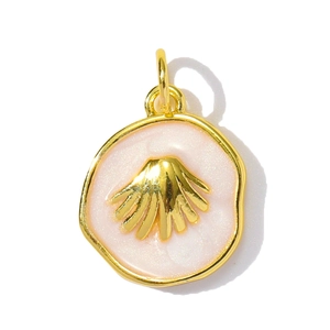 Detailed macro view of a pink enamel shell pendant with golden finish and pearl luster effect