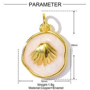 Detailed view of pink enamel shell pendant with dimensions 18mm by 12mm in copper