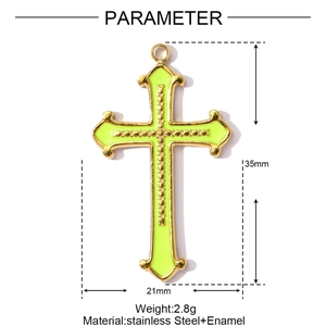 Detail view of gold stainless steel cross pendant with fluorescent enamel and measurements