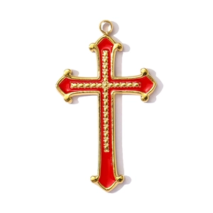 Vintage golden stainless steel cross pendant with red enamel inlay and decorative beads