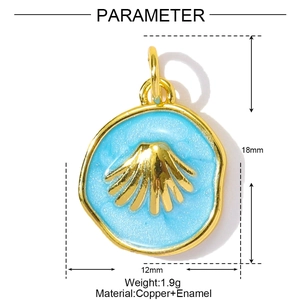 Detailed parameter view of blue enamel sea shell pendant with 18mm height measurements