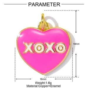 Detail showing pink enamel heart pendant with XOXO text and 19x16mm size dimensions