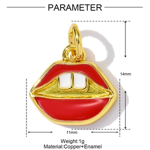 Macro detail of red lips enamel pendant with gold copper trim and size parameters