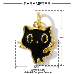Detailed view of black enamel cat pendant with copper gold-plated edges and dimensions