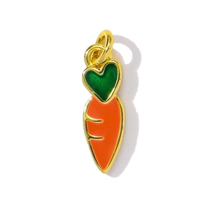 Detailed view of carrot pendant with orange enamel and green heart-shaped leaves