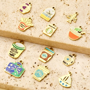 Travel themed enamel charms set including camera airplane and coffee cup for DIY jewelry