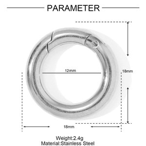 Détail d'un fermoir à ressort rond en acier inoxydable de 18 mm avec dimensions et poids