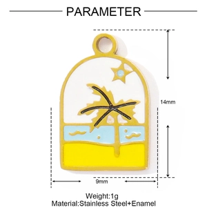 Technical dimensions of arch pendant with tropical enamel beach landscape and palm tree