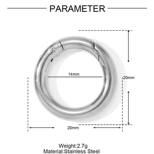Vue détaillée du fermoir anneau ressort 20mm en acier inoxydable avec dimensions