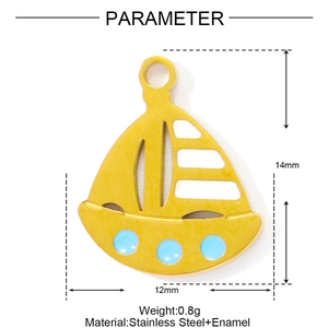 Detailed view of 14x12mm golden stainless steel sailboat pendant with blue enamel